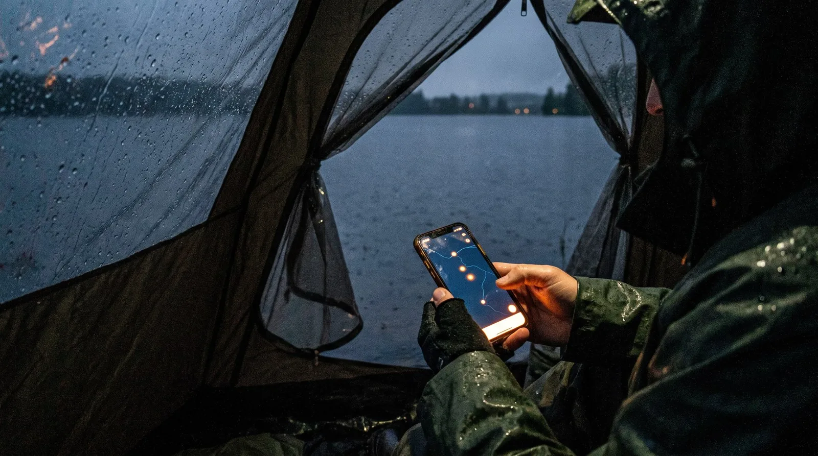 Angler at night in a tent by a lake, the Pescaday map on the phone